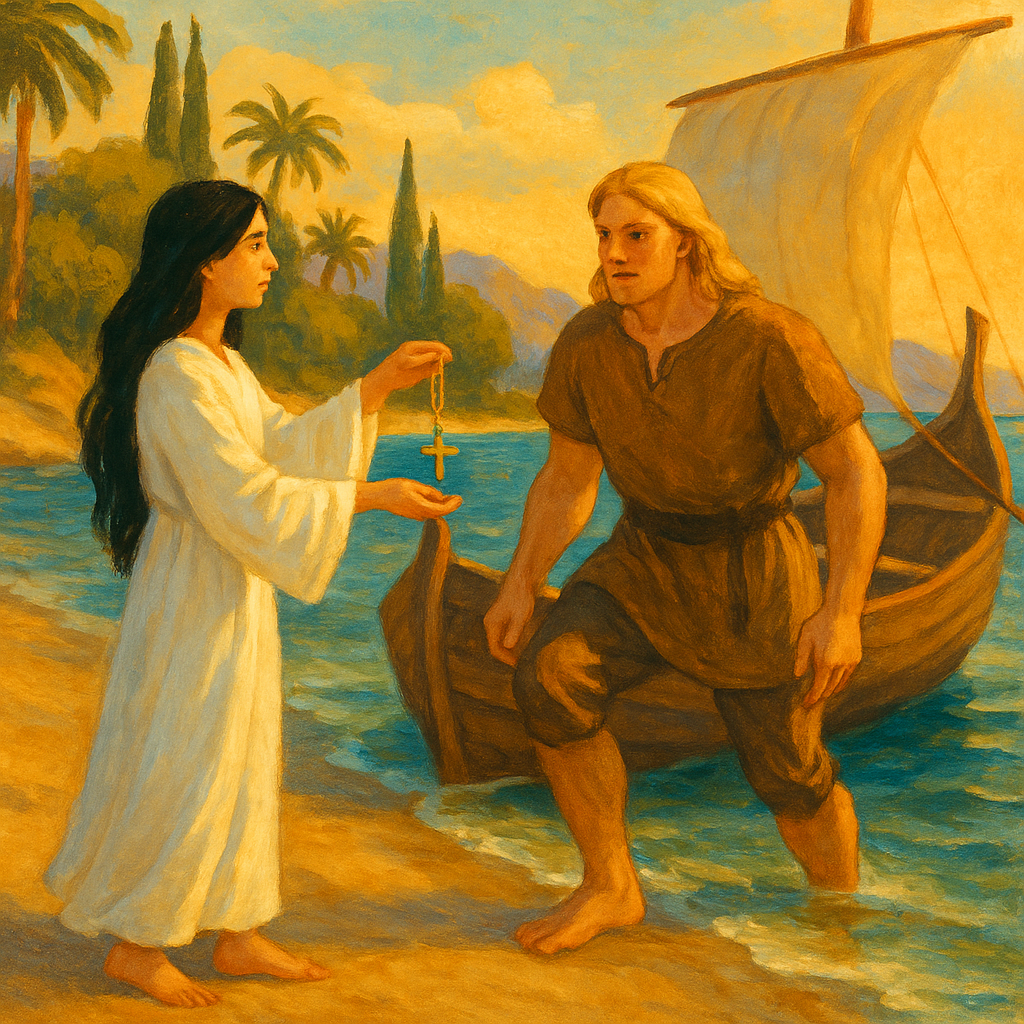 Norss steps ashore to meet Faia holding a wooden cross in The Symbol and the Saint by Eugene Field.