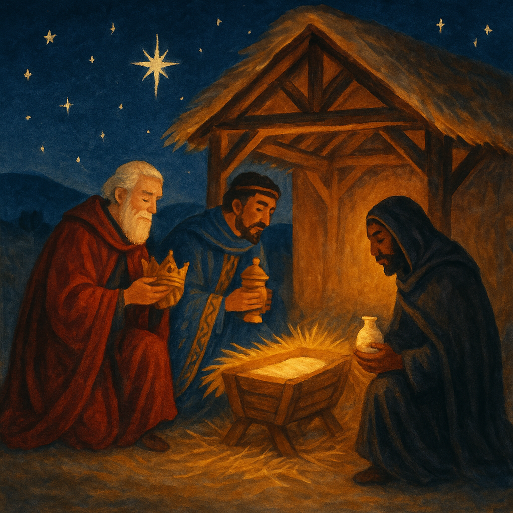 Three kings kneeling at the manger in Bethlehem, illustrating The Three Kings of Cologne by Eugene Field.