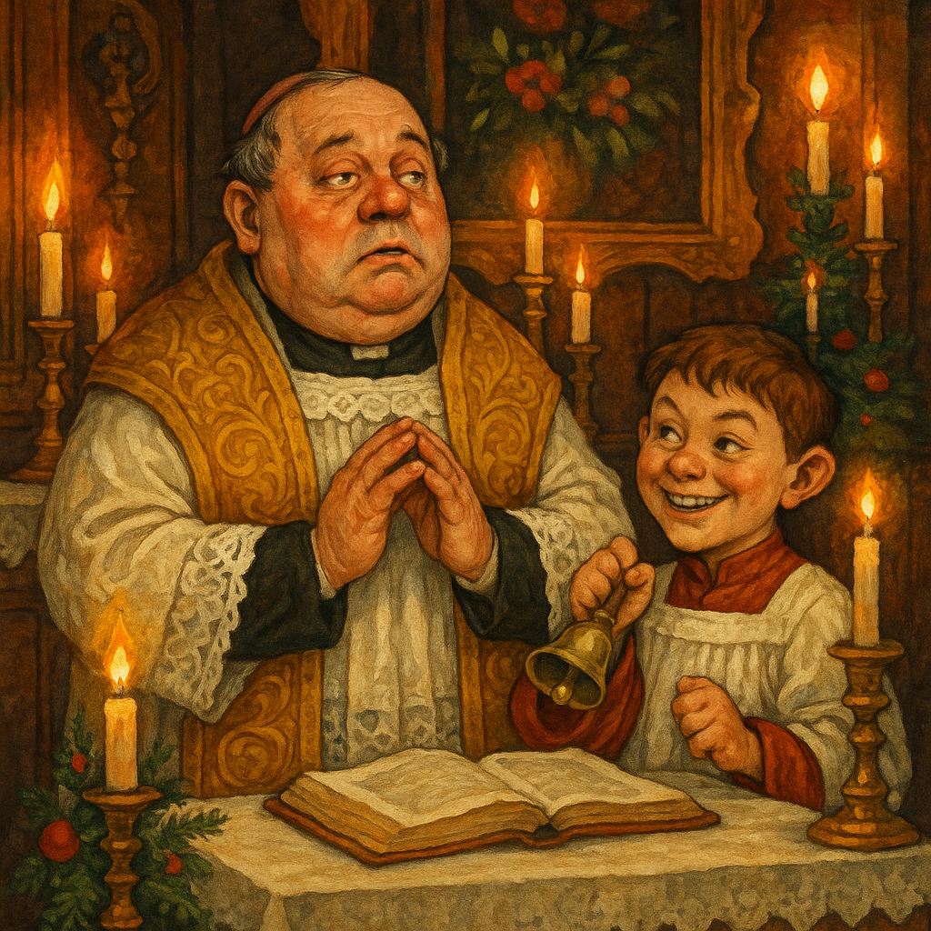 Dom Balaguère rushes through Christmas Mass while a mischievous altar boy rings a bell, in The Three Low Masses