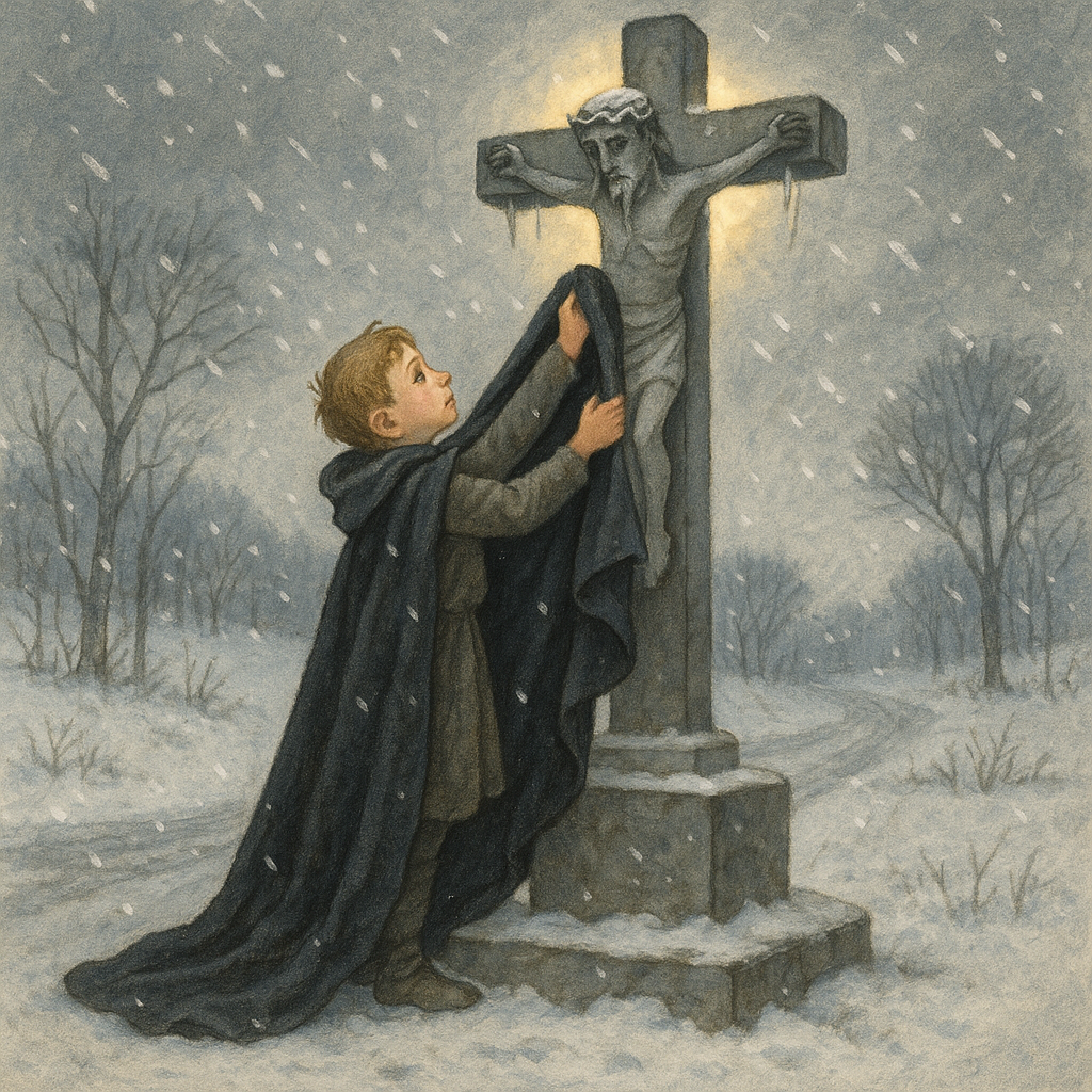 A young boy drapes his father's torn cloak over a stone crucifix in a snowstorm, a scene from The Torn Cloak.
