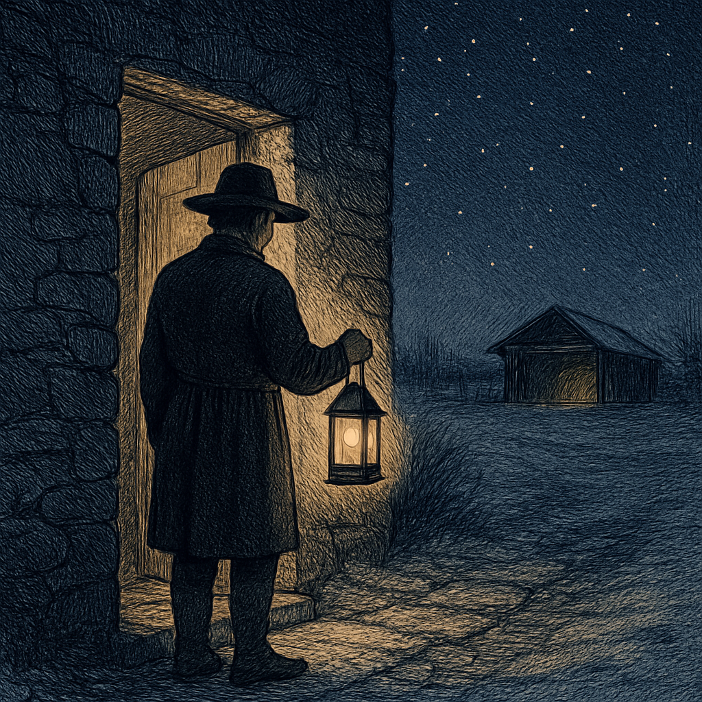A lone man with a lantern stands at a candlelit cottage door in winter, reflecting the humble spirit of The True Christmas.