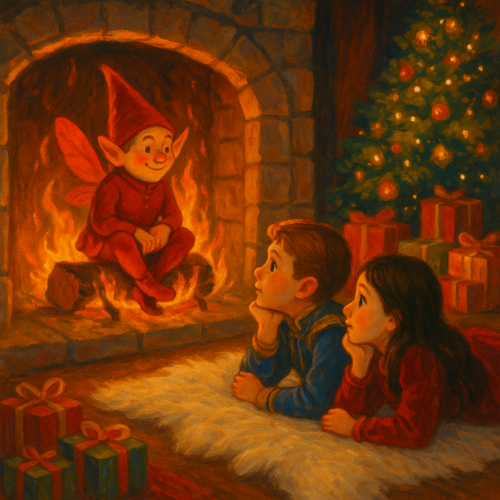 A tiny red winged man sits in a blazing fireplace as two children stare in wonder, in The Visit of the Wishing Man.
