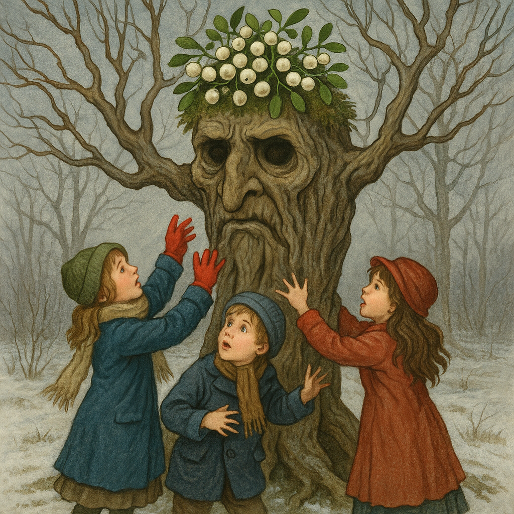 Children stripping mistletoe from the gnarled old Willow Man in a wintry forest, illustration for The Willow Man.