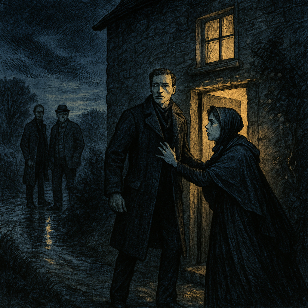 Grant Munro forces his way into the cottage as Effie pleads with him outside, a scene from The Yellow Face