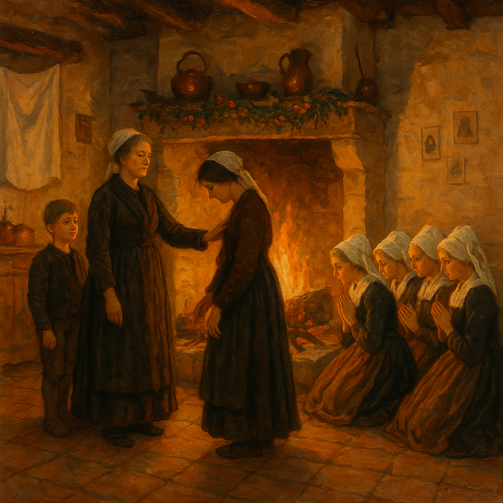 A woman extends compassion to young Marion by the blazing Yule log in The Yule Log by Jules Simon.