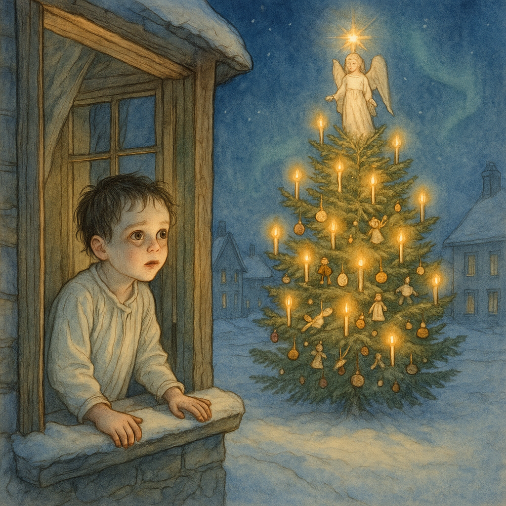 A sick boy leans from his window toward a glowing Christmas tree in the snow, in Three Christmas Trees by J.H. Ewing.