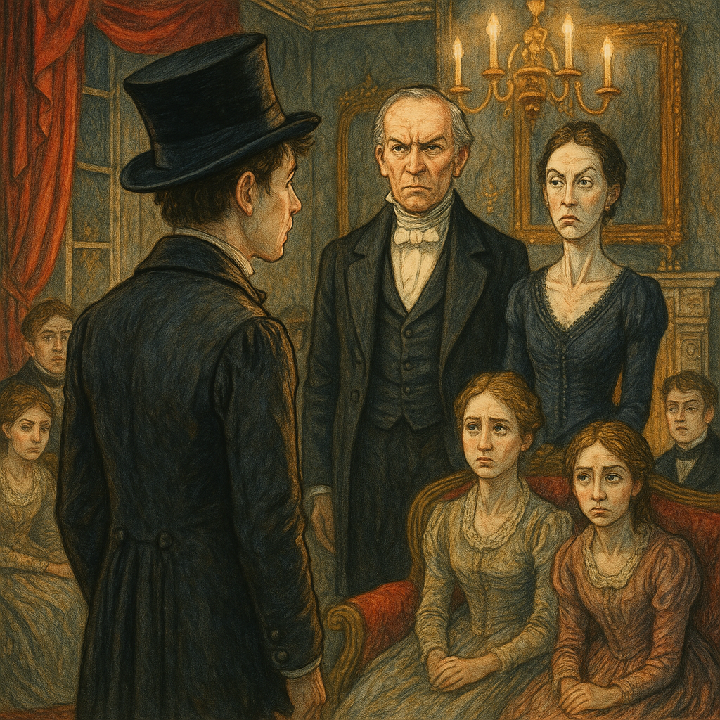 Tom Smithers stands awkwardly before the cold, formal Tipton family in their grand drawing room — from Tom Smithers's Christmas-Day.