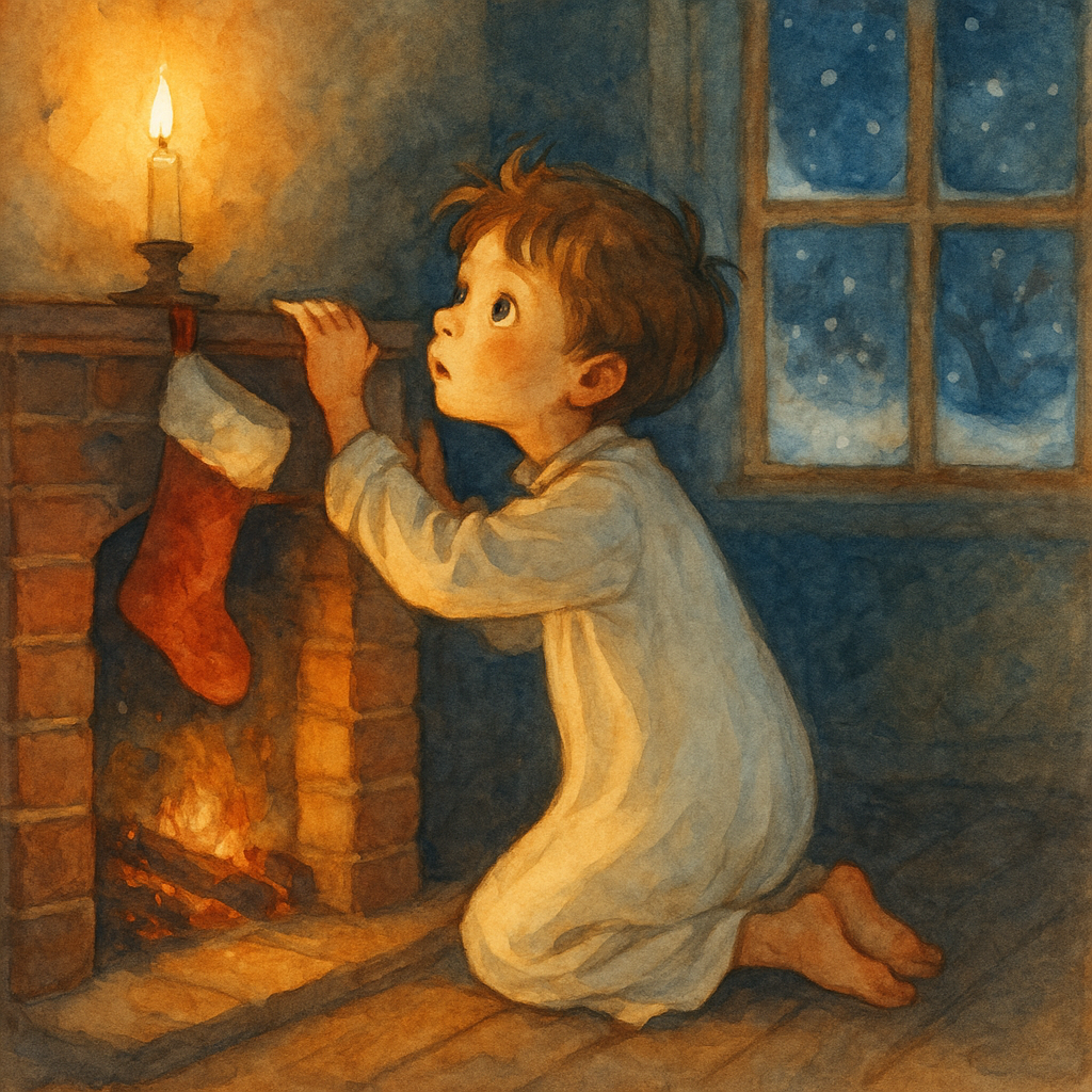 A young boy watches the chimney on Christmas Eve, hoping to glimpse Santa Claus, in "Two Christmas Saints."