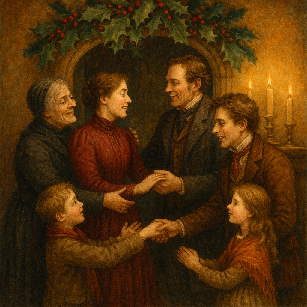 A group of people of all ages gathering warmly beneath holly boughs, illustrating the Christmas poem Under the Holly Bough.