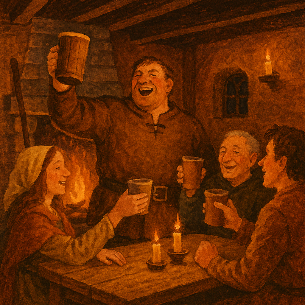 A laughing yeoman raises a cup of spiced ale at a firelit medieval feast, illustrating Wassail! Wassail!