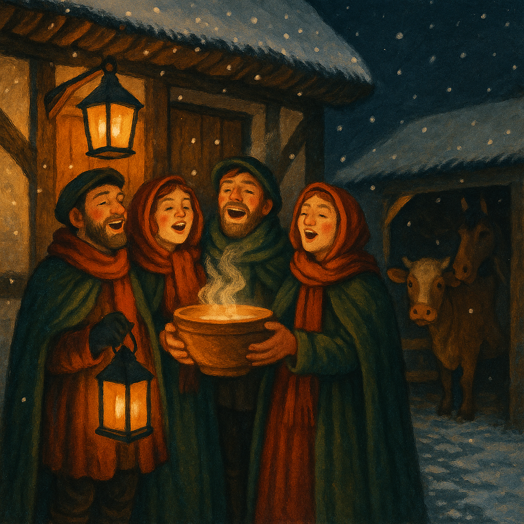 Wassailers holding a wooden bowl at a farmhouse door on a winter night, illustrating Wassailer's Song