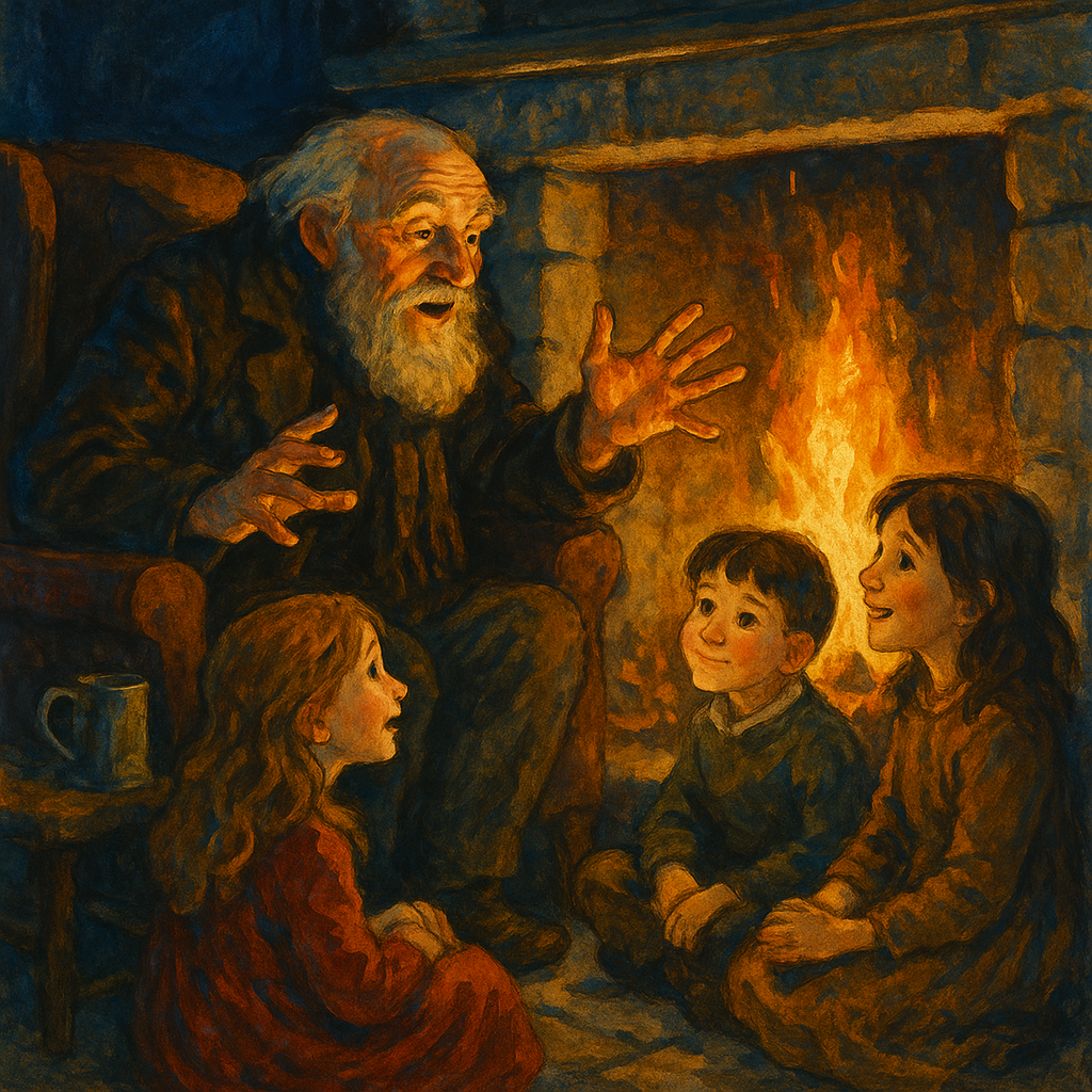 Old Winter seated by the fireside telling stories to children, illustrating Robert Southey's poem "Winter"
