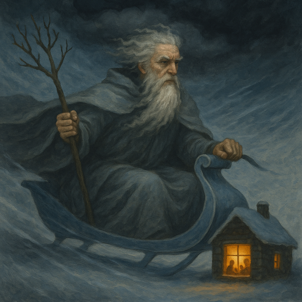 Winter personified as a frost-bearded king riding a storm-driven sled above a cosy cottage, illustrating Cowper's poem "Winter"