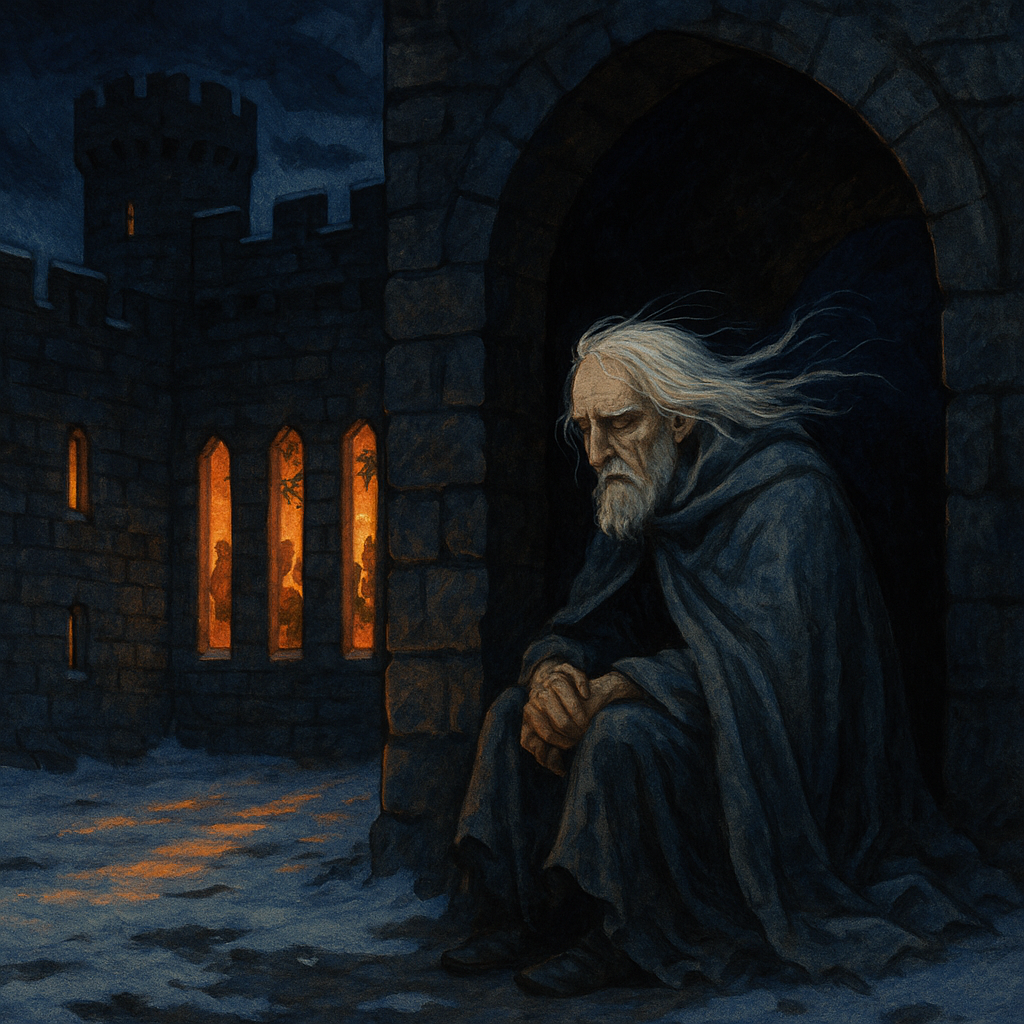 Sir Launfal sits cold in a castle gateway at night, watching Christmas firelight glow through window-slits — Within and Without
