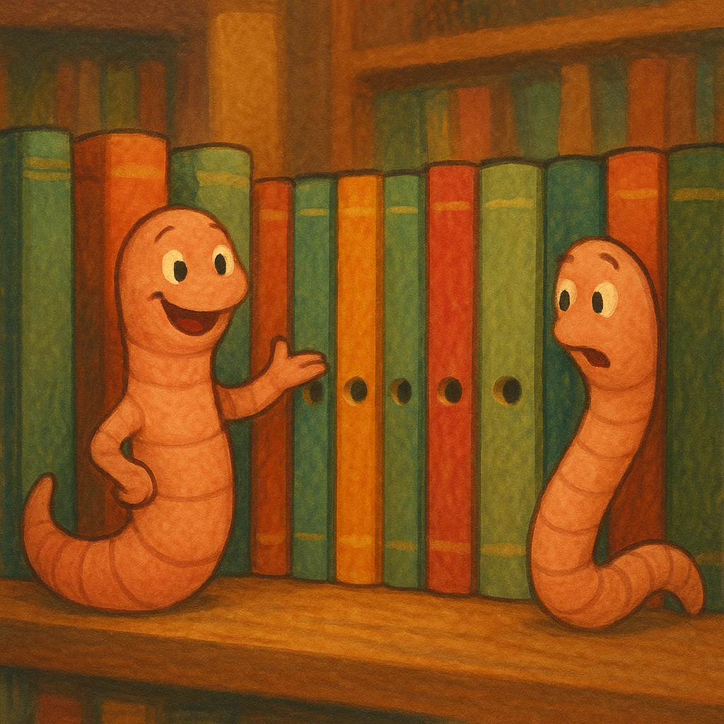 Two cheerful bookworms chat beside a shelf of colourful books in an illustration for A Bookworm