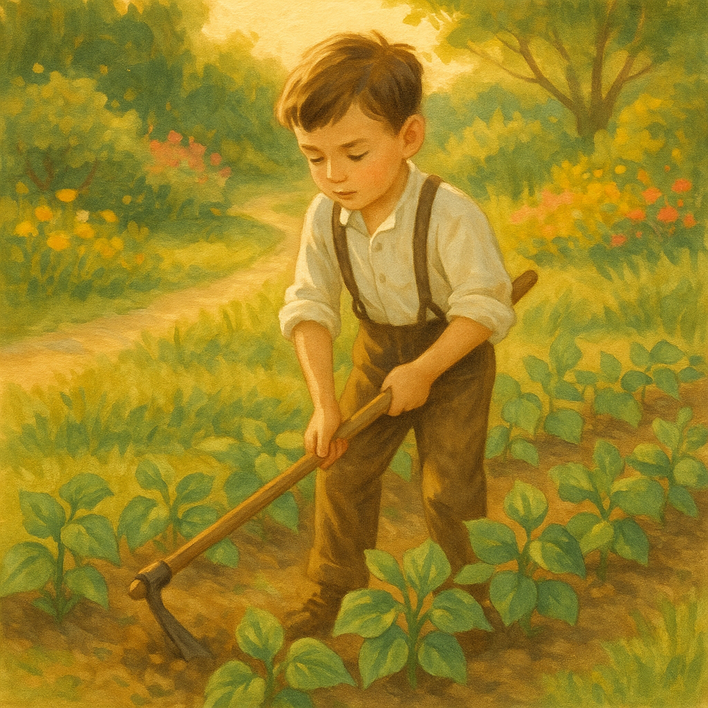 A young boy hoeing beans in a sunny garden in the story A Brother's Plan