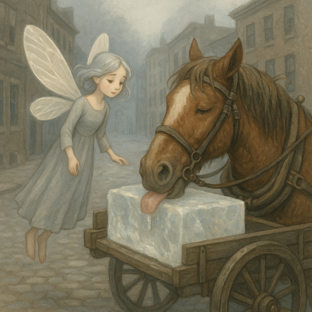 A fairy watches a thirsty horse lick a block of ice on a foggy street, in "A Careless Master"