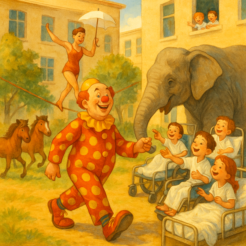 A clown leads a circus parade through a hospital yard in A Hospital Circus by Mary Graham Bonner.