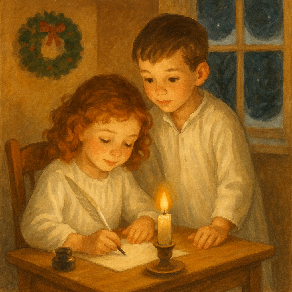 Evelyn writing her letter to Santa Claus by candlelight in A Letter to Santa Claus and the Answer