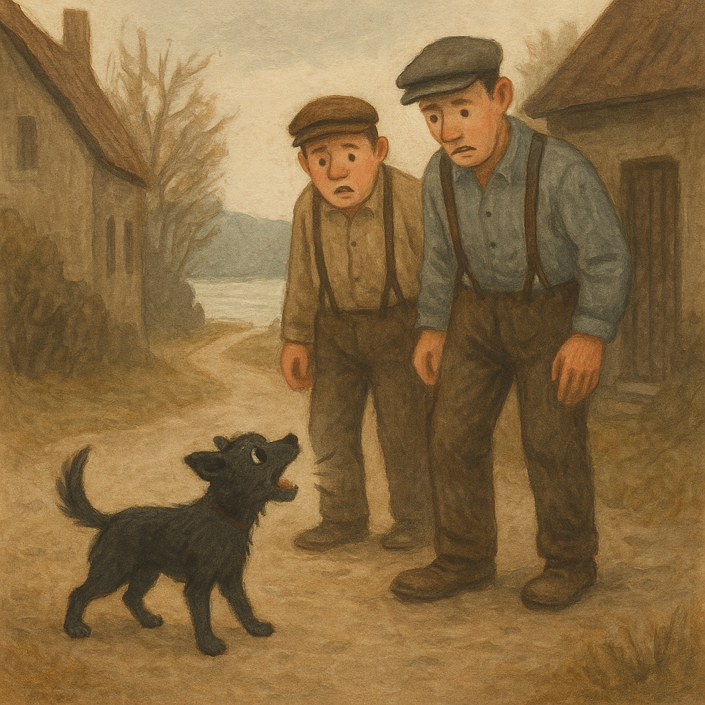 Soot the small black dog barking at two men in the village, urging them to follow, in A Little Dog.