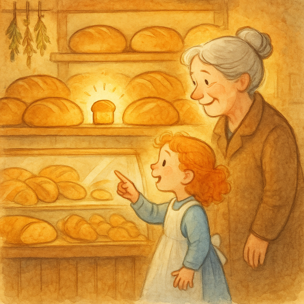 A little girl spots a tiny loaf of bread on a bakery shelf in A Loaf of Bread.