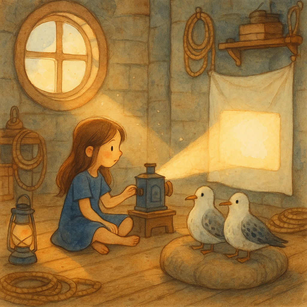 A young girl runs a magic lantern show for two rescued sea gulls in a cosy lighthouse room — A Magic Lantern Show.