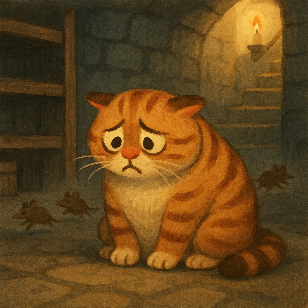 Jota the tabby cat sits ashamed in the cellar as mice escape in A Naughty Cat