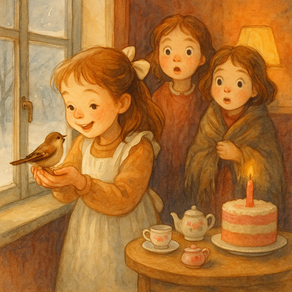 Ella gently holds a cold sparrow at the windowsill in A New Year's Party, with the pink cake on the table nearby.