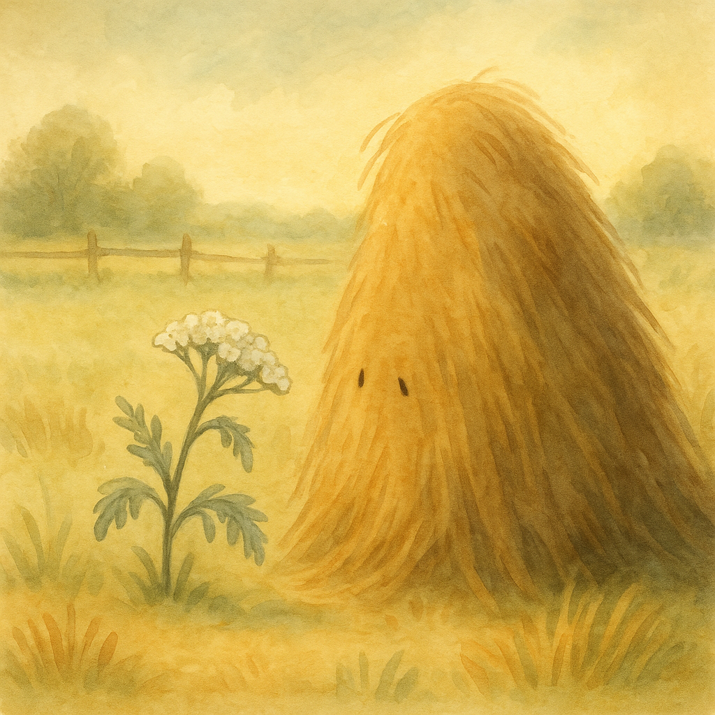 A drooping yarrow weed beside a mound of old hay in a sunny meadow, illustrating A Poor Weed.