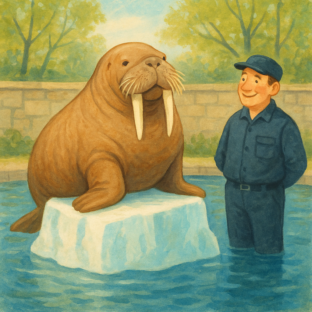 A walrus sits contentedly on a block of ice in his zoo pond in A Reward for Mr. Walrus.