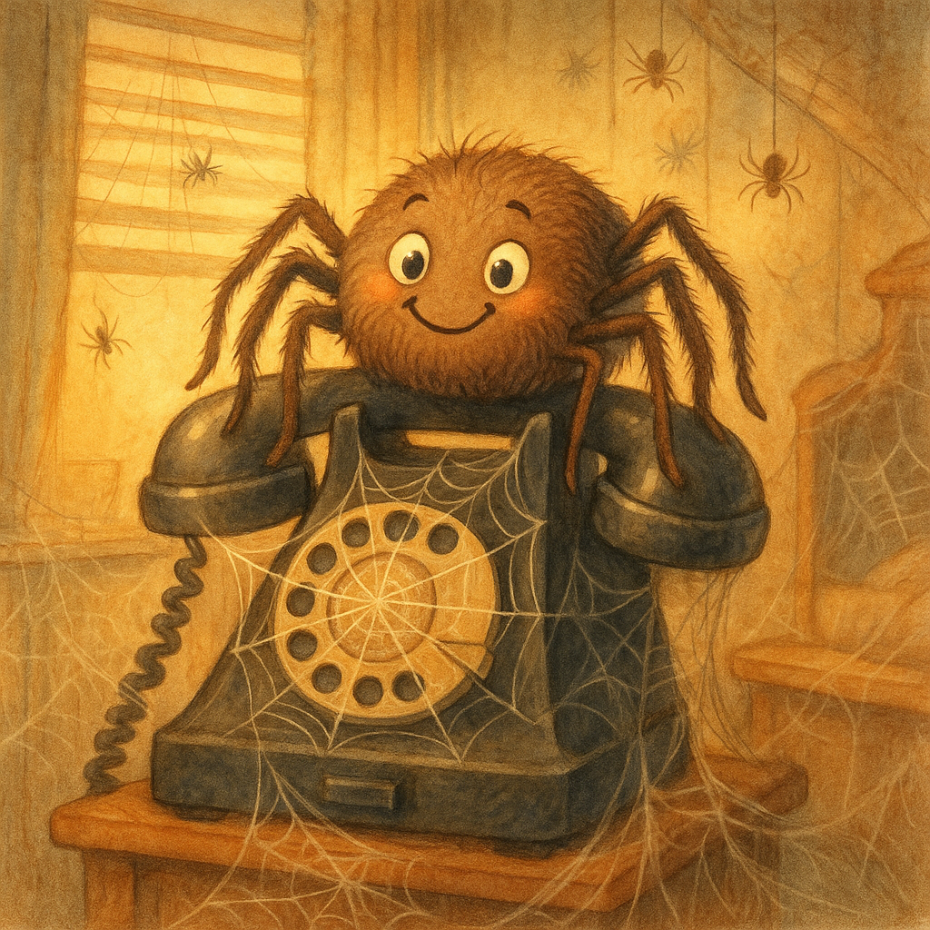 Mr. Spider spinning his web around an old telephone, illustrating A Spider's Curiosity