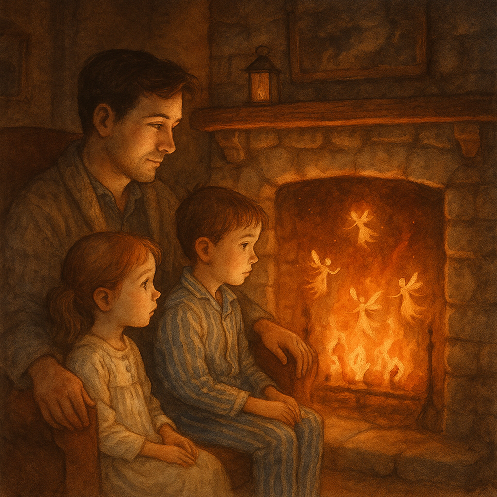 A father and two children watch glowing fire fairies dance in the fireplace in A Story of the Fireplace.
