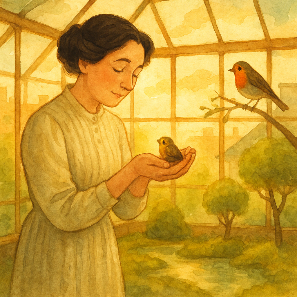 A woman gently holds a baby robin in a glass bird sanctuary, as the mother robin watches from outside, in A Sun Parlor for Birds.