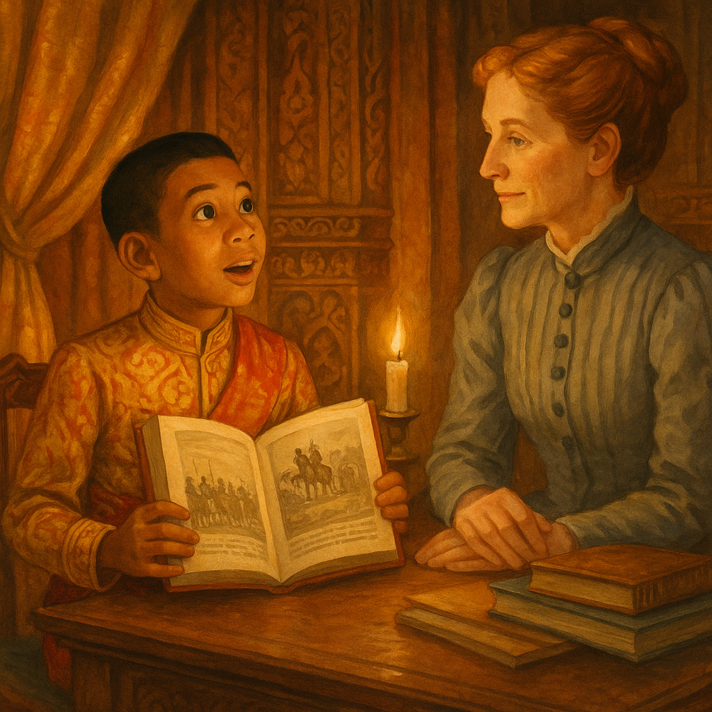A young Siamese prince reads about Abraham Lincoln at his desk — illustration for "Abraham Lincoln" by Mary Graham Bonner.
