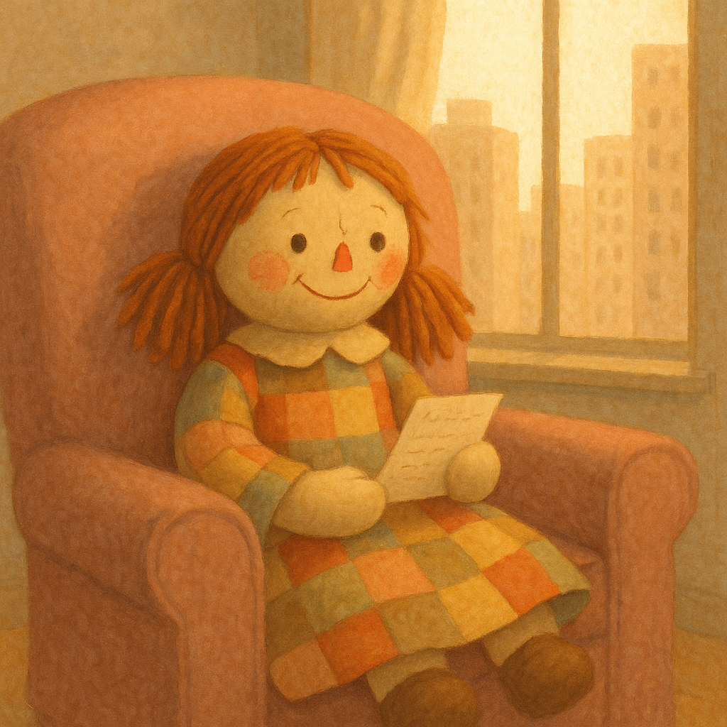 A smiling rag doll sits in an armchair holding a letter, illustrating Allie Baa's Letter.