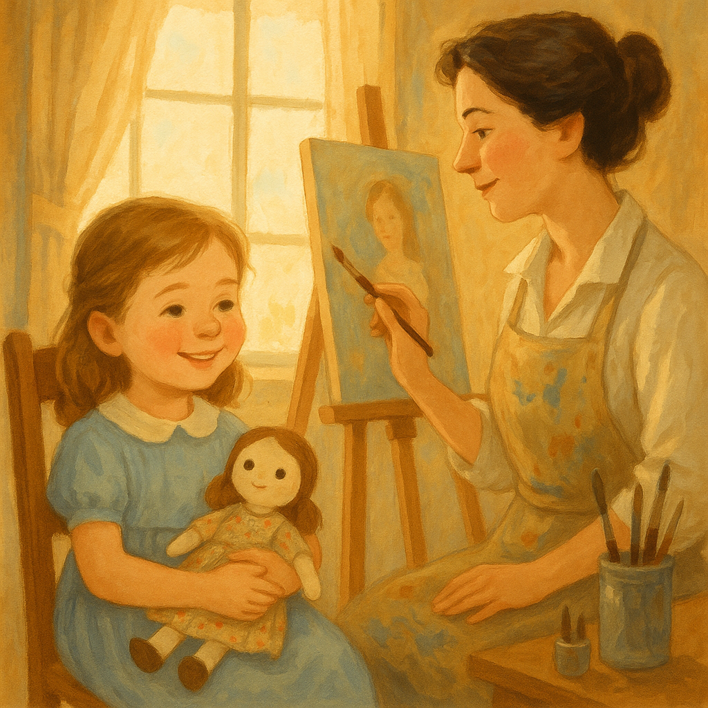 A young girl happily holding her doll Allie Baa while an artist paints her portrait, illustrating Allie Baa's Portrait.
