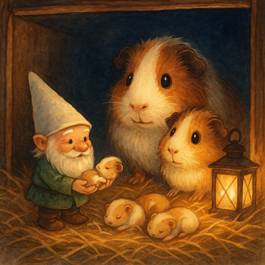 Peter Gnome cradles a tiny sleeping baby guinea pig while the proud parents watch, in Alta's Guinea Pigs.