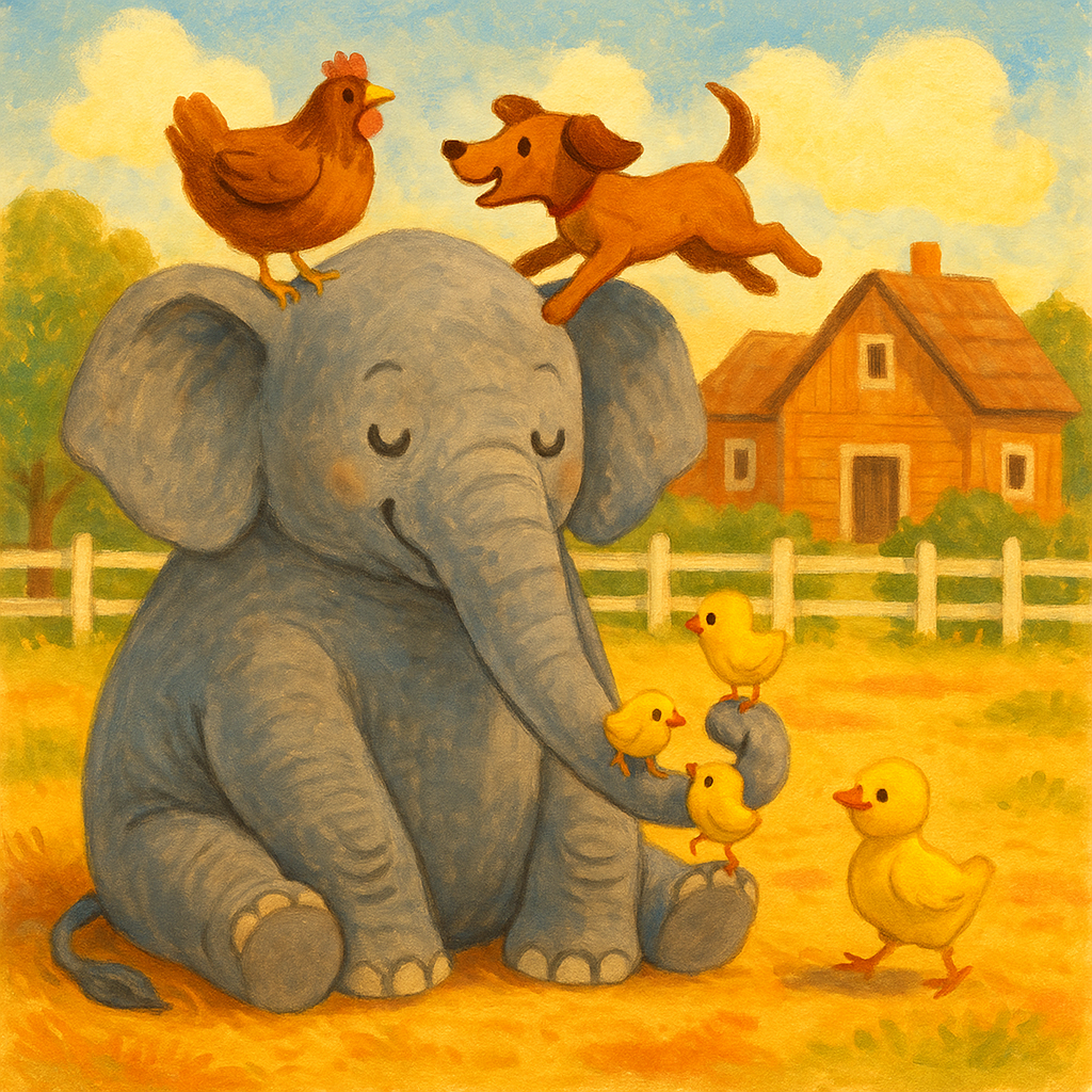 A gentle circus elephant sits in a farmyard with a hen on his ear and chicks on his trunk, in An Elephant's Wanderings.