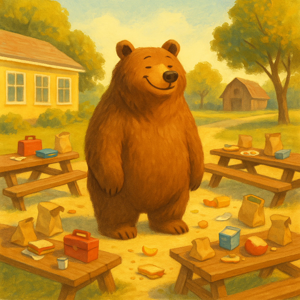 A bear happily surveys abandoned school lunches in the yard, in An Uninvited Guest.