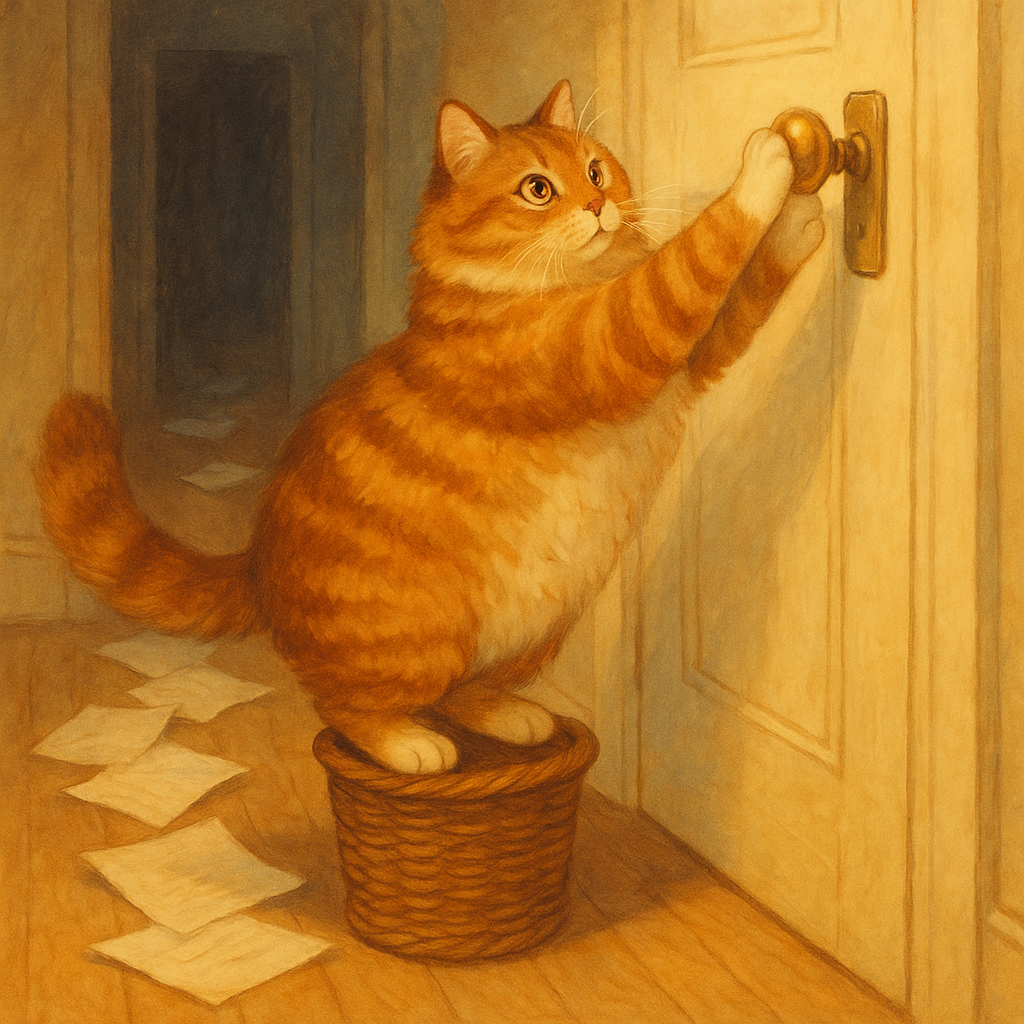 A clever tabby cat stands on an upturned wastepaper basket to reach a door handle, in Another Biddle Story.