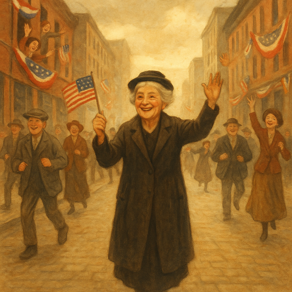 A grey-haired woman waves a flag in a jubilant street scene, illustrating Armistice Day by Mary Graham Bonner.