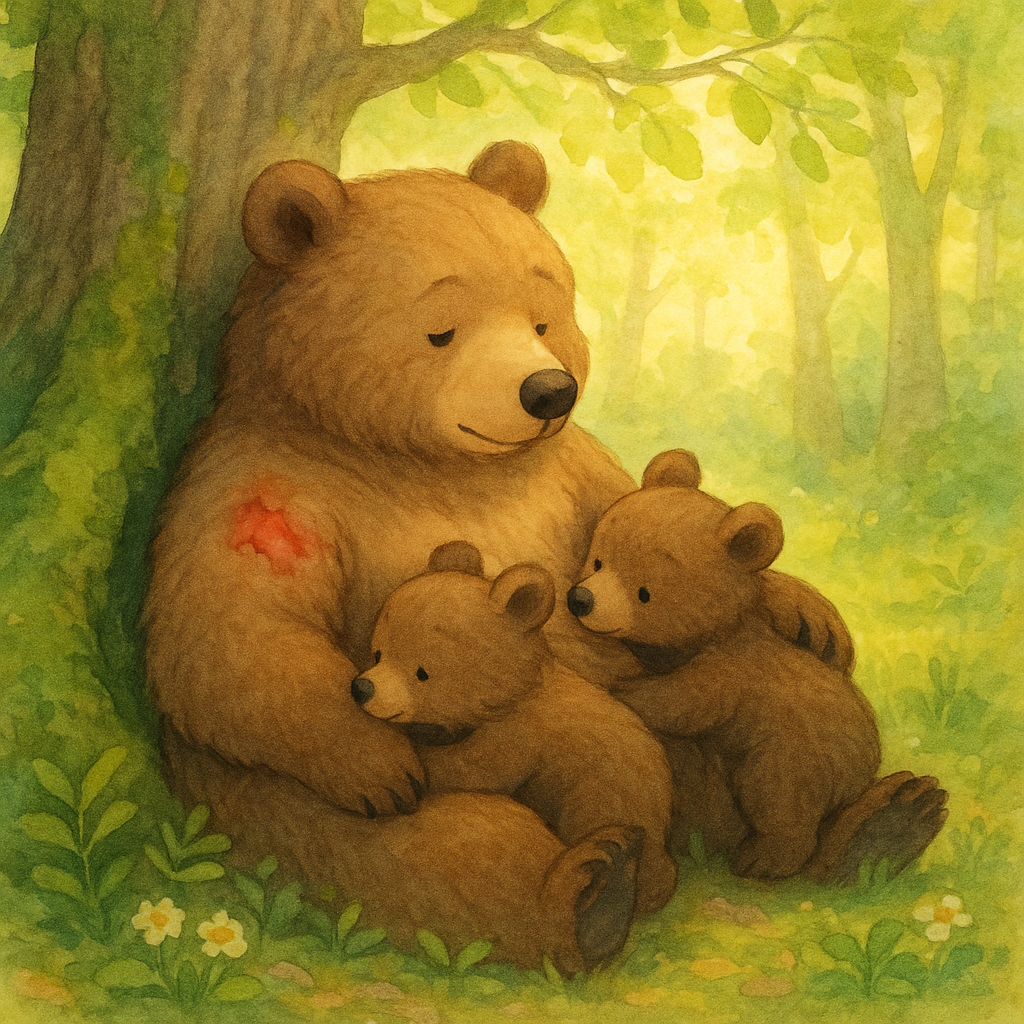 A mother bear and two small cubs nestled together in a spring forest, illustrated for Baby Bears.