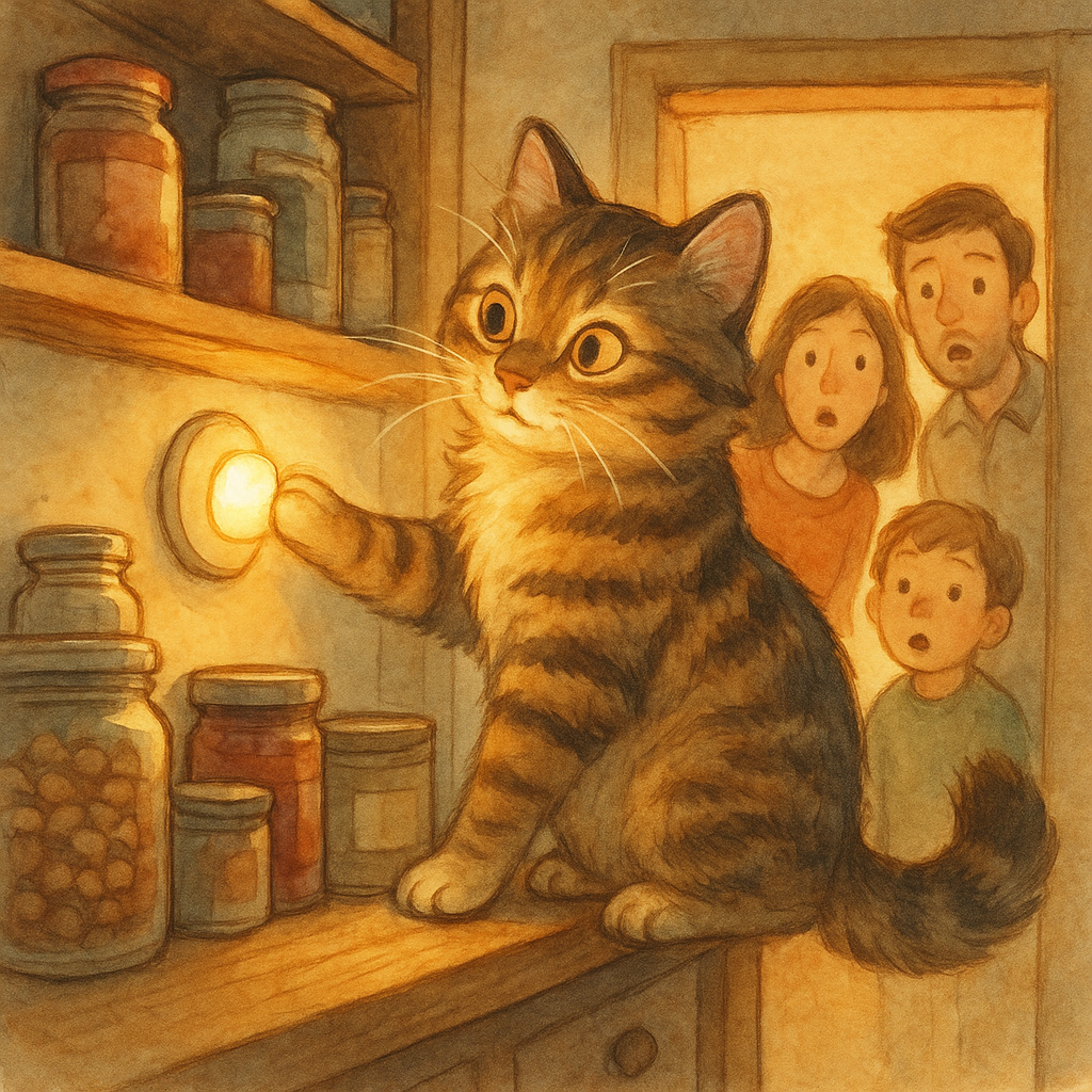 A clever cat presses the pantry light with his paw in Biddle's Trick.