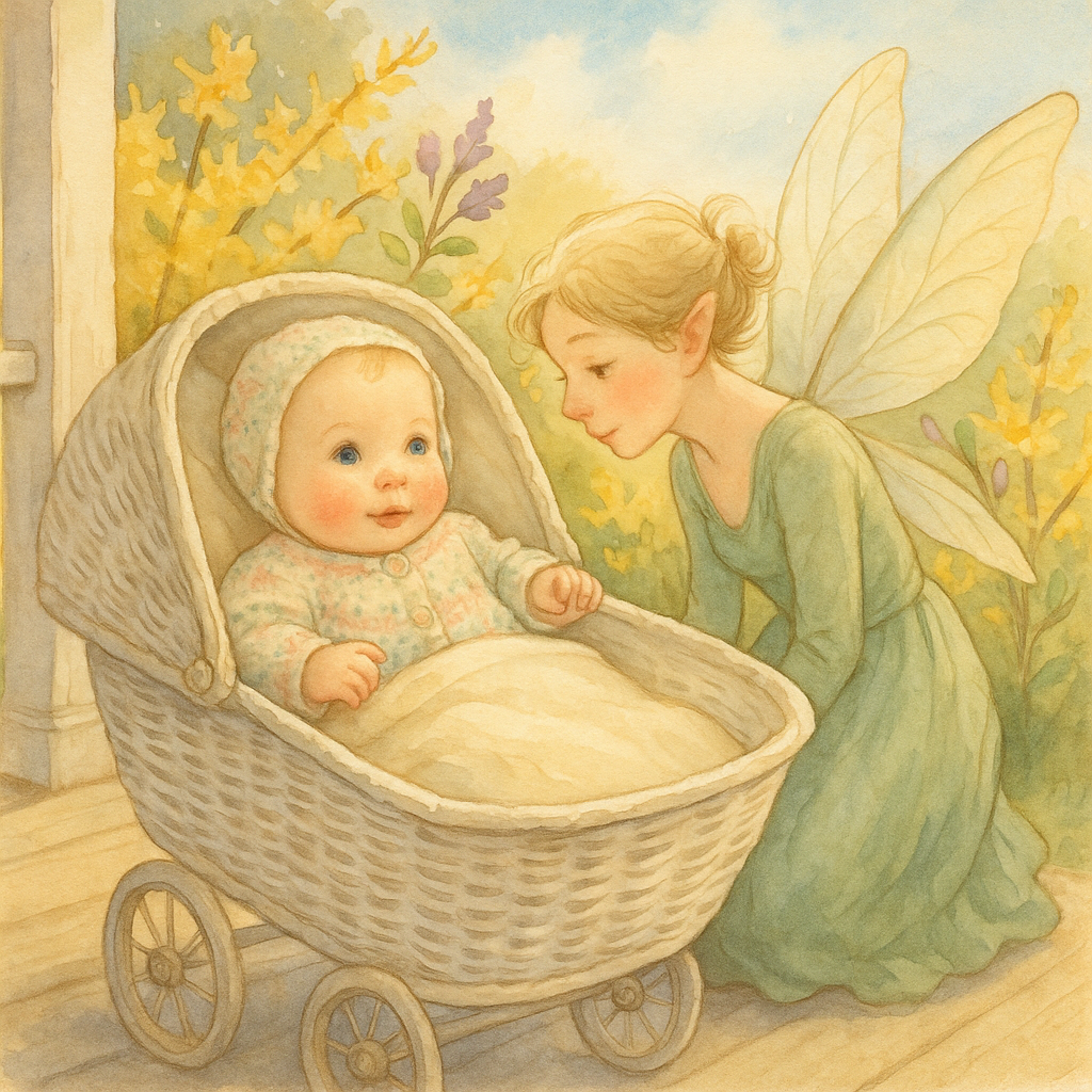 A baby in a pram on a spring porch listens to a fairy in Billie's Springtime