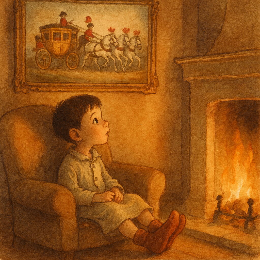 A boy toasting his feet by the fire gazes at the magical stagecoach painting in Billy's Trip in the Coach.