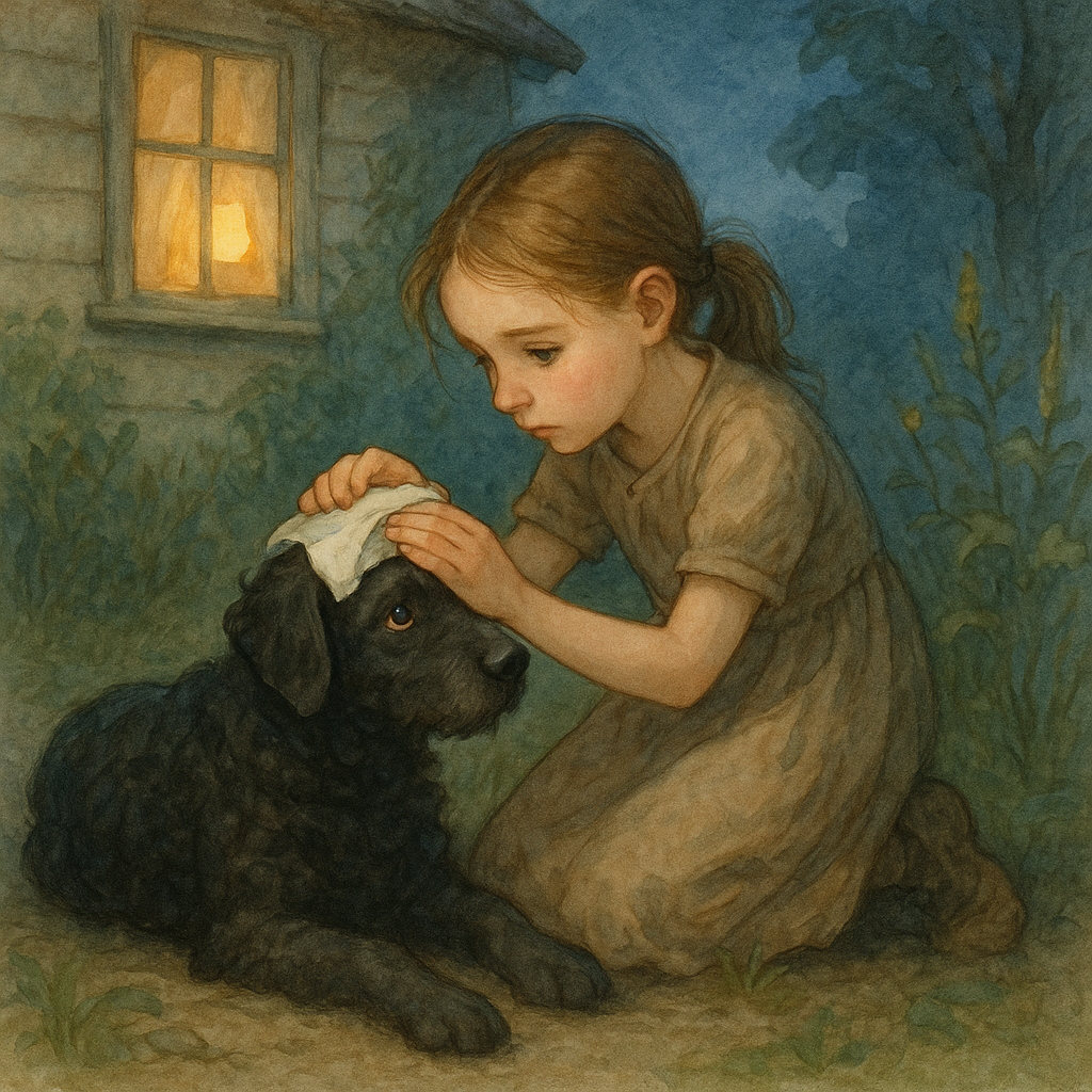 A girl tenderly bathing her sick black curly-haired dog's head in the yard, from Blackie's Escape.