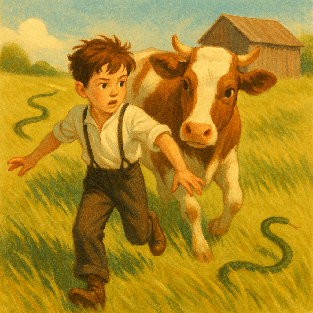 A boy runs in zigzags across a farm pasture with Bossy White the cow following him in Bossy White's Escape.