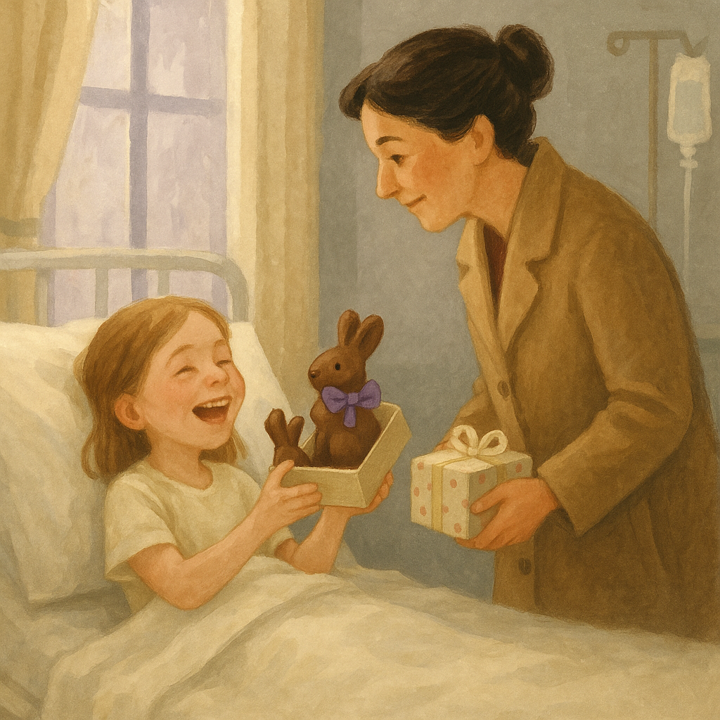A woman brings an Easter gift box to a laughing child in a hospital bed, in Brenda's Easter Visit.