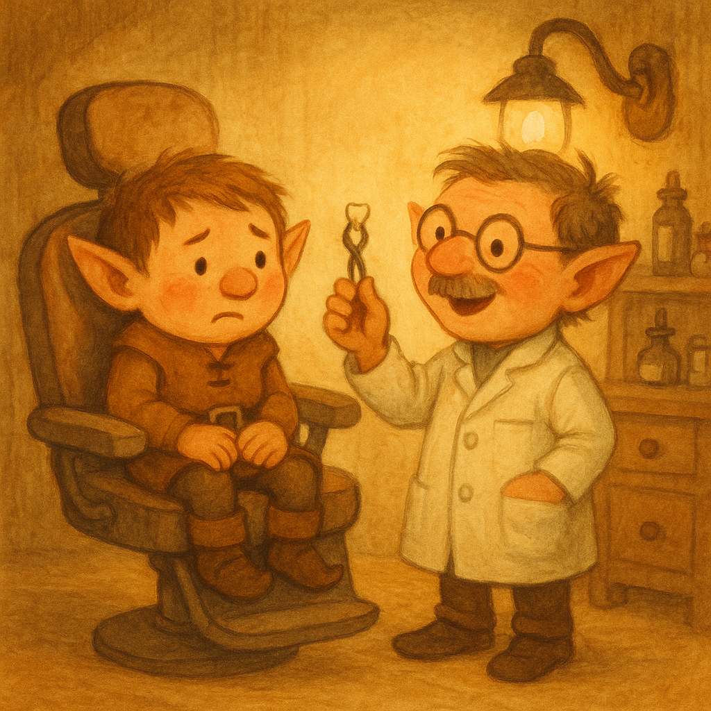 A tiny brownie sits surprised in a dentist's chair as Dr. Brownie holds up the tooth in Brownie's Toothache.