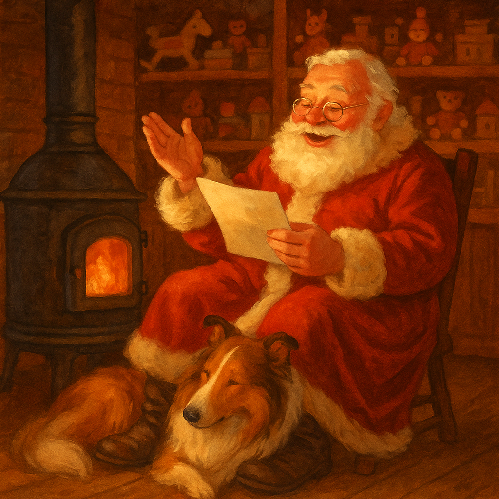 Santa Claus reading a child's Christmas letter aloud by the fire in his workshop, in "Christmas Letters"